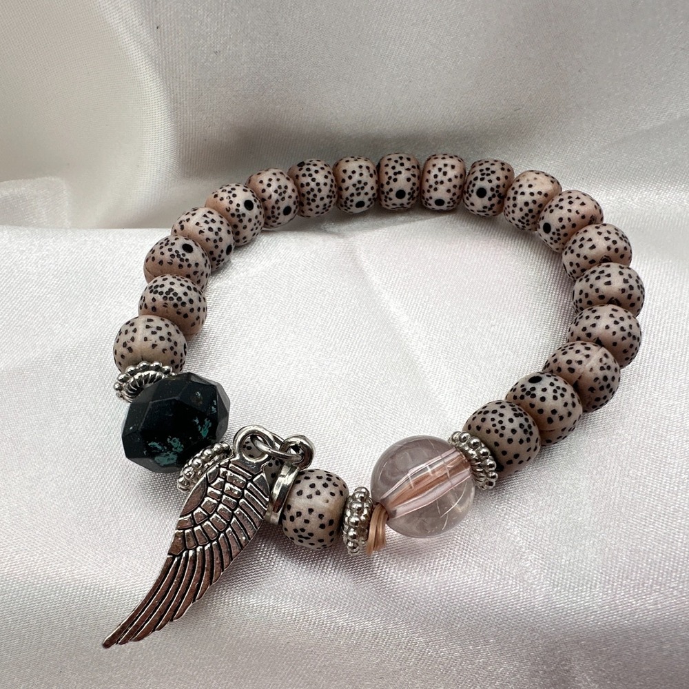 Vintage 80s Bodhi Bead Bracelet with Silver Wing Charm - Zen Jewelry